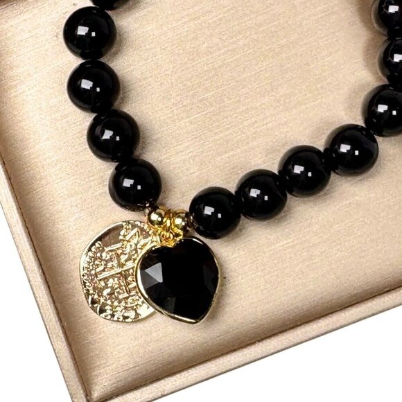 New Natural Black Onyx Beaded Stretch Bracelet Heart Coin Charm 18K Gold Plated - Picture 4 of 7